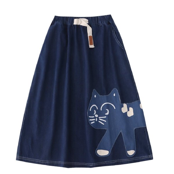 Japanese Vintage Style Cat Paste Cloth Embroidery Dark Blue Thin Washed Denim Skirt