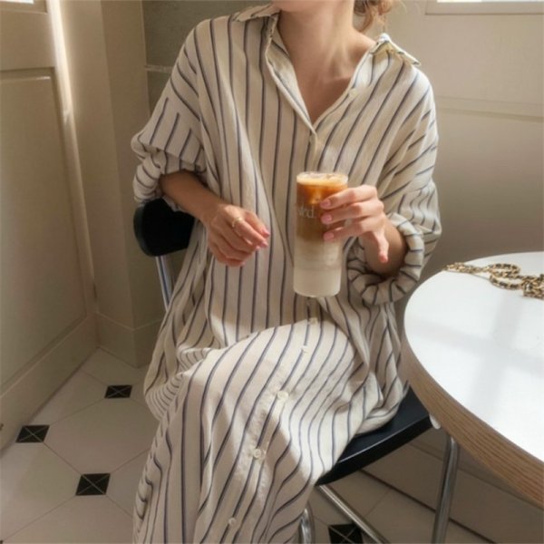 Striped Slimming Mid-length Drop-shoulder Sleeve Shirt Dress