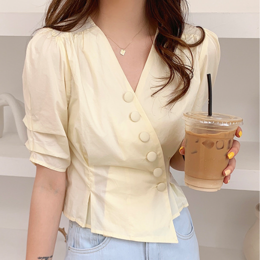 Summer New Style Korean Design Puff Sleeve Short Blouse Women